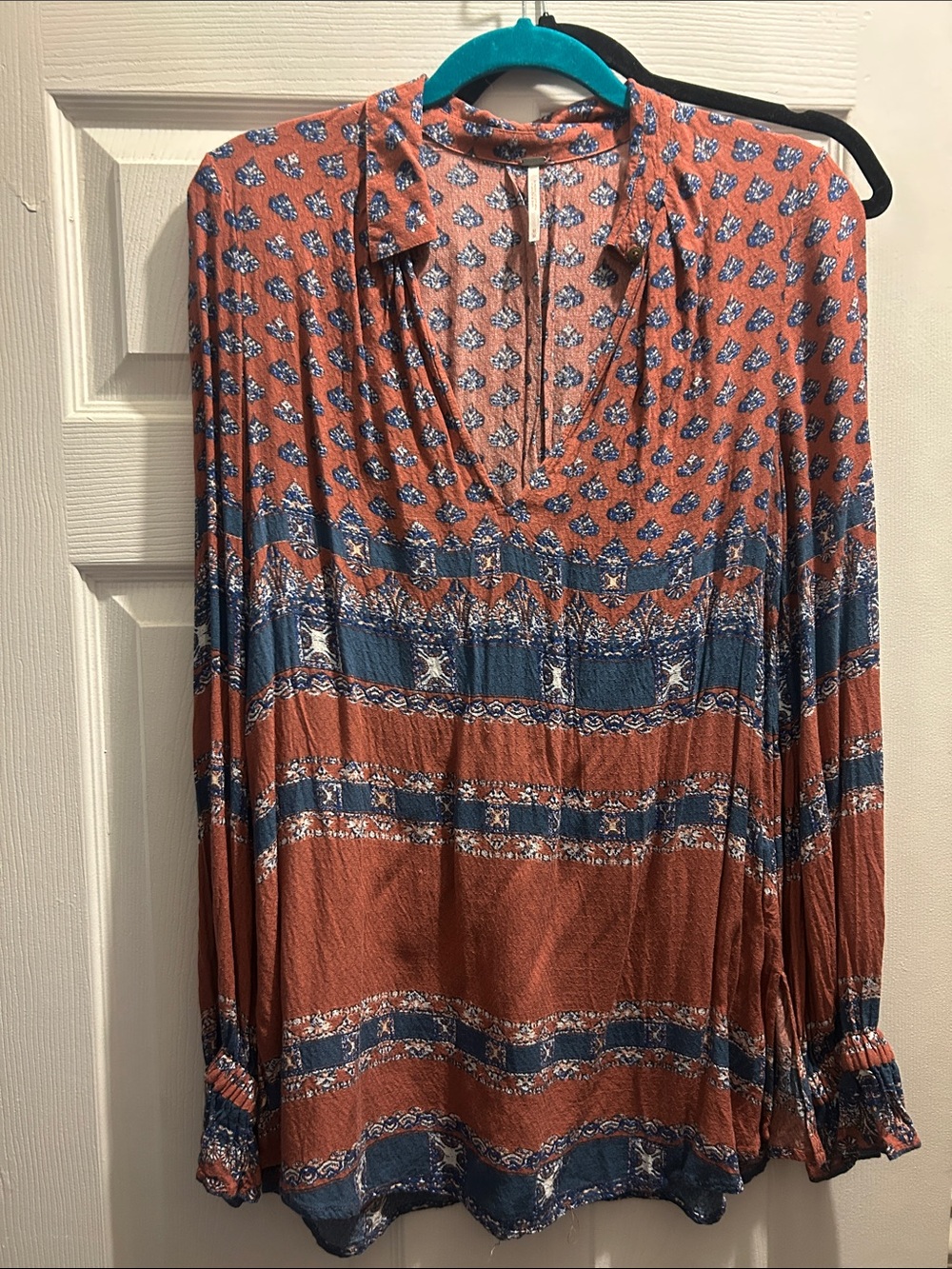 Anthropologie Rust and Blue Printed V-Neck Blouse